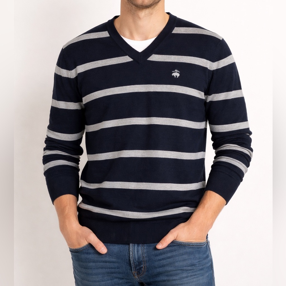 Brooks Brothers Merino Wool V-Neck Sweater Navy and Gray Striped Small